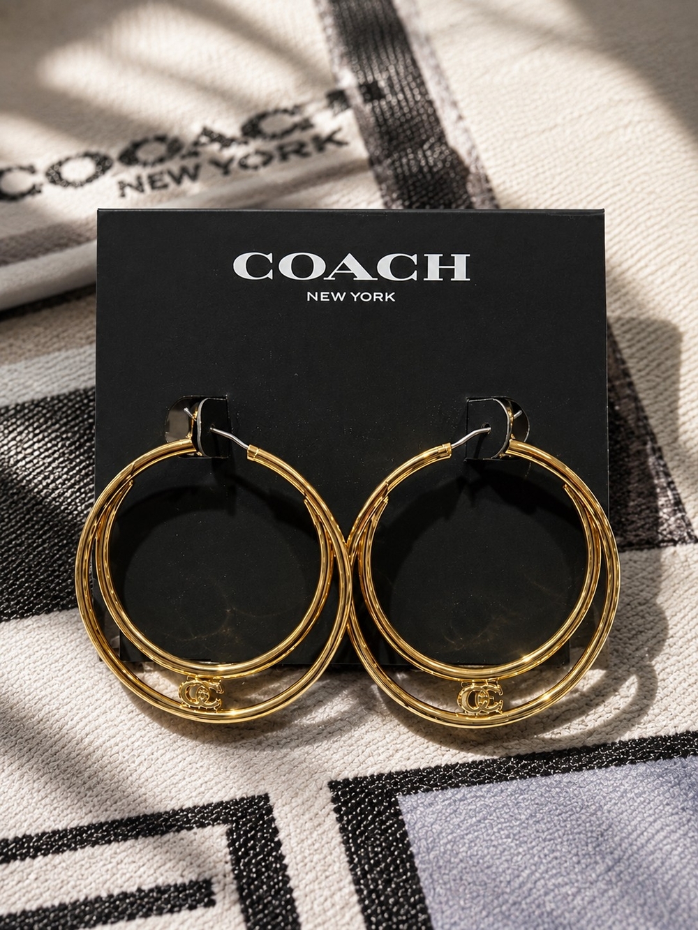 COACH Gold Double Hoop Earrings with CC Charm nwt